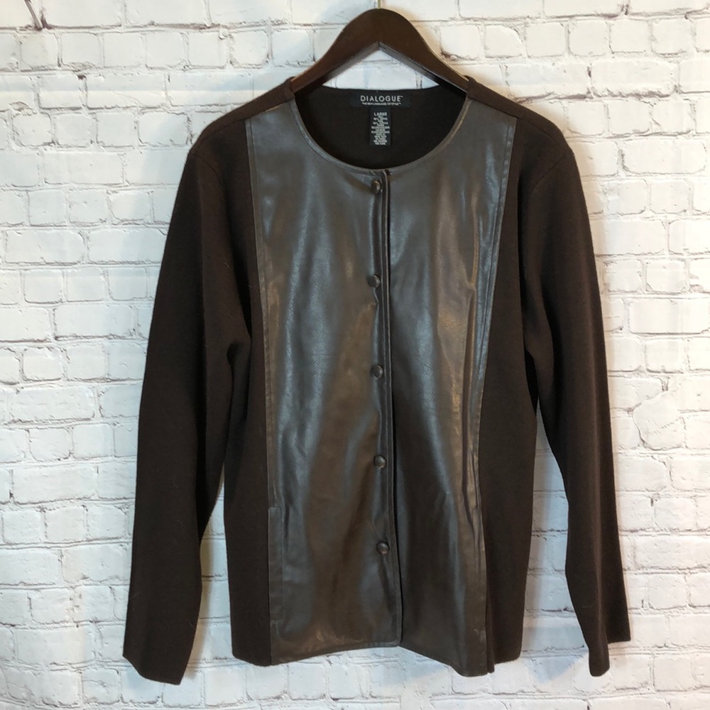 Dialogue Black Cardigan Sweater Jacket Faux Leather Panels Large